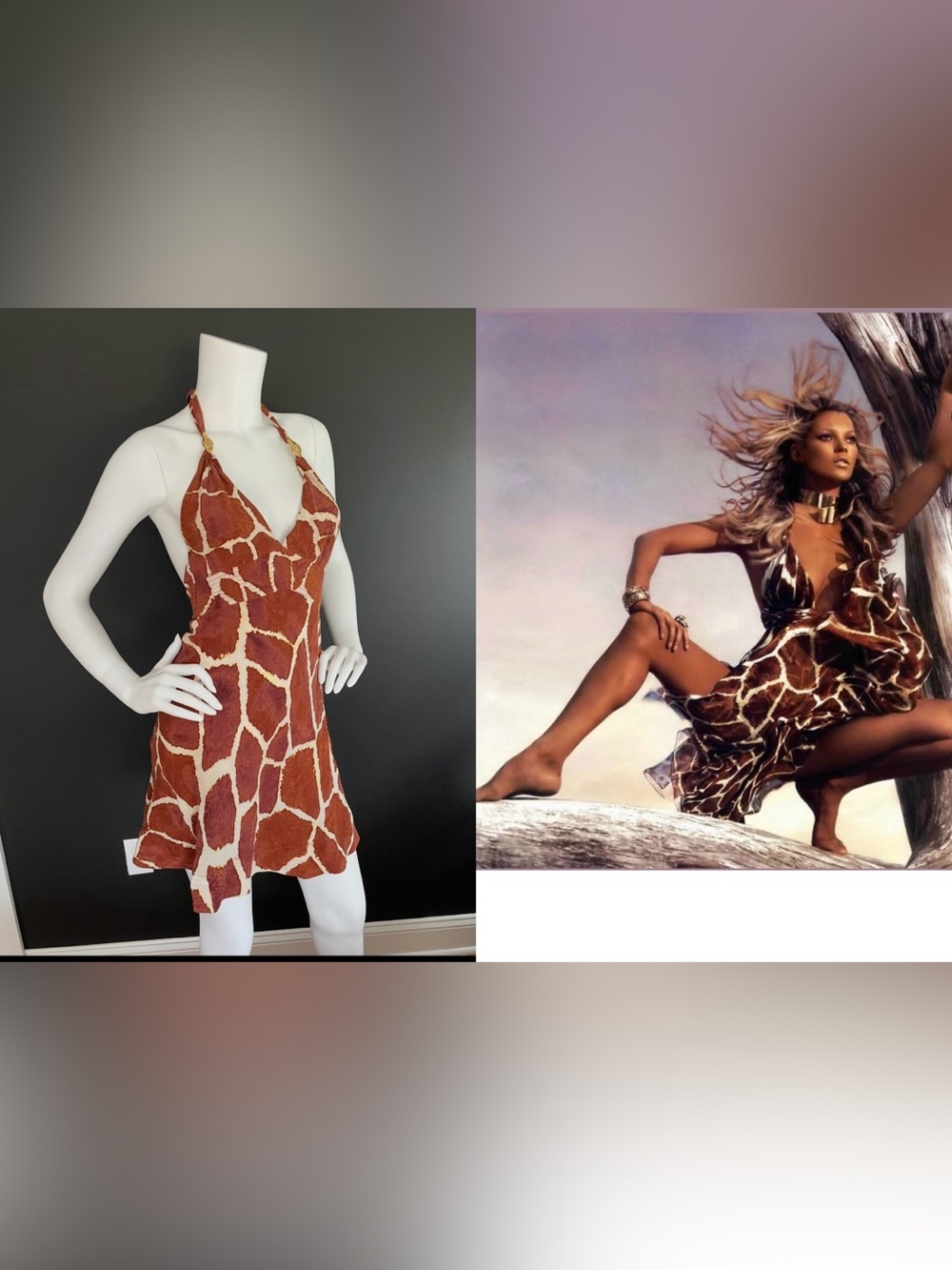ROBERTO CAVALLI S/S 2006 Vintage Giraffe Silk Halter Open Back Mini Dress 40/42